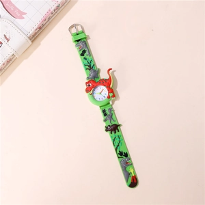 Macro detail of 3D embossed green silicone watch strap with cute dinosaur patterns