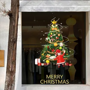 Detailed Christmas tree window sticker with Santa Claus and golden Merry Christmas text