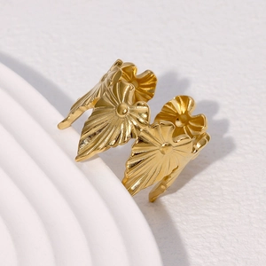 Minimalist 18k gold plated stainless steel leaf ring with unique textured design