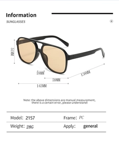 Detailed size specifications for pilot-style sunglasses with dimensions in millimeters