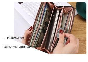 Internal view of long leather wallet showing multiple card slots and phone compartment