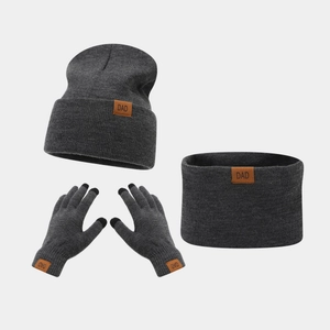 Detailed view of the ribbed knit beanie, scarf, and touch screen gloves with DAD patches
