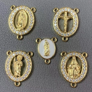 Religious Virgin Mary Saint Benedict Pendant Copper Zircon 18K Gold Plated Connector For Rosary Jewelry Making DIY