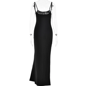 Detail of slim fit backless maxi dress with thin straps on a mannequin in solid black