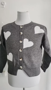 Close-up of grey knitted cardigan featuring white heart patterns and round button details
