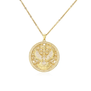 Gold eagle pendant necklace with sparkling crystals and cross on fine link chain