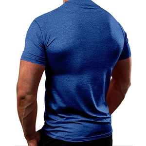 Rear view of navy blue men's athletic t-shirt showing breathable fabric and slim fit cut