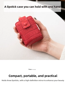 Mini red croc-effect PU leather lipstick pouch with built-in mirror and secure button closure