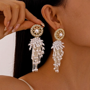 Boucles d'oreilles pendantes dorées avec perles en résine et strass portées par un mannequin
