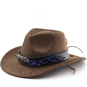 Western Cowboy Hat Faux Suede Wide Brim Vintage Jazz Fedora With Flame Pattern Belt USA Eagle Metal Badge Unisex