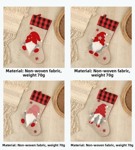 Set of four Nordic gnome Christmas stockings in buffalo plaid and beige burlap fabric