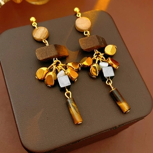 Detail of bohemian round wood earrings with tiger eye stone pendant on leather box