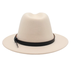 Detail showing the beige wool fedora hat with a thin black leather decorative band and buckle