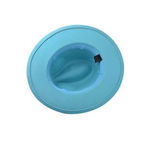 Internal view of bright blue fedora showing cotton polyester blend lining and sweatband