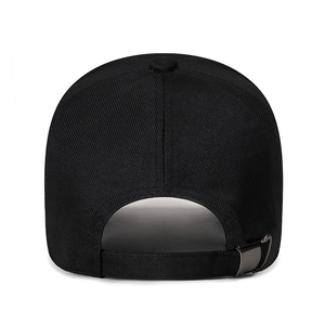 Rear view of classic black baseball cap for men with adjustable metal buckle strap