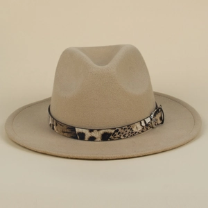 Classic beige wool fedora hat with a stylish leopard print belt and silver buckle detail