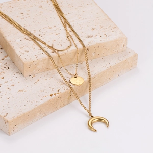 Layered Necklace 304 Stainless Steel 18K Gold Plated Star Round Disc Crescent Moon Pendants Bohemian Minimalist Jewelry For Men
