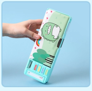 Detail of mint green school pencil case with cartoon dinosaur and multi-functional buttons