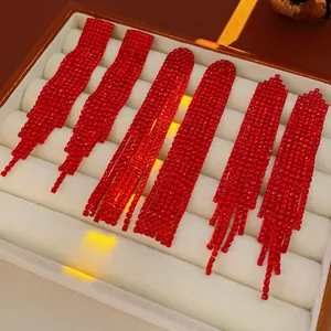 Sparkling red rhinestone tassel earrings set of 3 pairs in white velvet jewelry display box