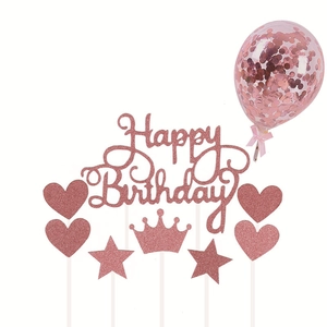 Pink glitter Happy Birthday cake topper set with stars, hearts, crown and sequin balloon