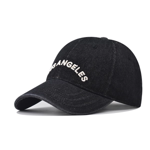 Classic washed black denim baseball cap featuring white Los Angeles 3D embroidery