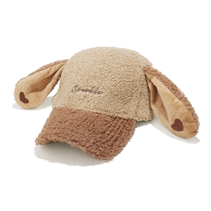 Detailed close-up of fluffy lamb wool baseball cap with long ears and Sparkle embroidery
