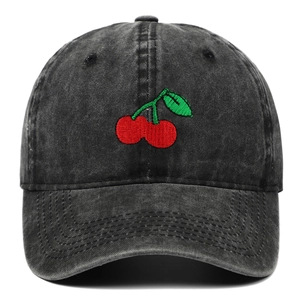 Vintage washed dark grey cotton baseball cap featuring red cherry embroidery on front