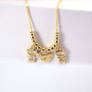 Gold-plated necklace with love heart, girl and boy charms featuring colored zircons