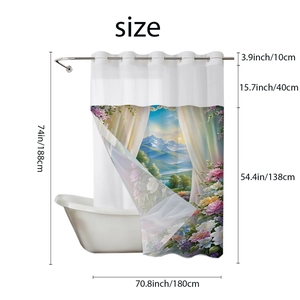 Detailed size chart for waterproof shower curtain showing snow mountain scenery print