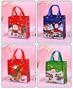 Festive Christmas non-woven gift bags with Santa and reindeer for holiday party use.
