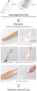 Detailed dimensions of 14-piece silicone cooking utensils with wooden handles and holder