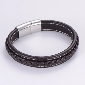 Men's double-layer brown braided leather bracelet with silver stainless steel magnetic clasp