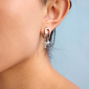 Silver stainless steel paperclip earring with CZ cross and star pendants for women