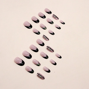 Faux ongles French noirs ovales avec motifs de papillons et paillettes vertes