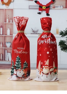 Christmas wine bottle covers with Santa prints on wooden table for festive dining decor