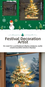 Close-up of golden Christmas tree window stickers with Merry Christmas typography and snowflakes