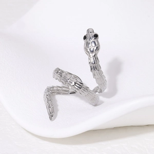 Exaggerated silver snake shaped stainless steel open ring with scale texture design
