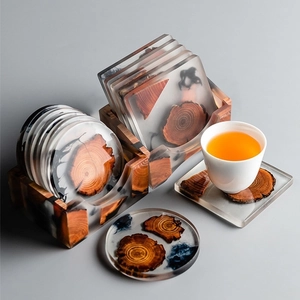 Japanese resin and wood coasters set with round and square shapes and storage base