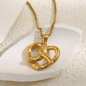 Heart Pendant Necklace Gold Plated Stainless Steel Twisted Knot Pretzel Design Fashion Jewelry For Women