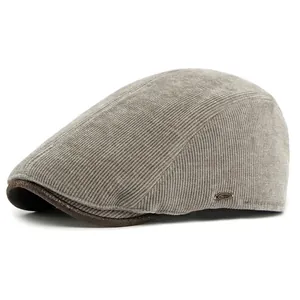 Retro dark grey corduroy newsboy cap with leather brim and warm fleece lining
