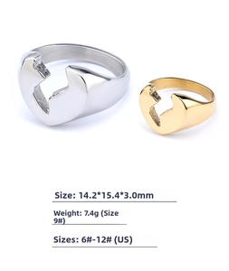 Detailed view of broken heart rings with dimensions 14.2x15.4x3.0mm and US sizing