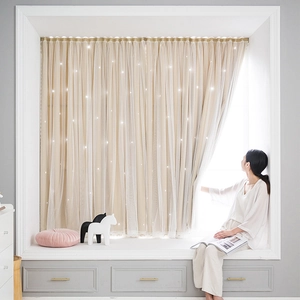 Blackout Curtains Double Layer Star Hollow Out Gauze Velcro No Drill Self Adhesive Romantic Shading For Bedroom