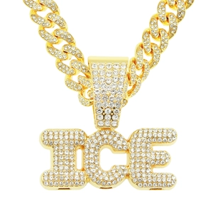 Hip Hop Iced Out ICE Letter Pendant Necklace Alloy Rhinestone Cuban Link Chain Streetwear Jewelry For Men