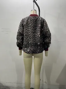 Detailed back view of a leopard print bomber jacket with burgundy ribbed knit trim