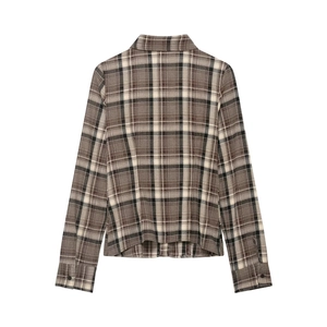 Back view of slim fit long sleeve plaid shirt in vintage grey, brown and beige colors