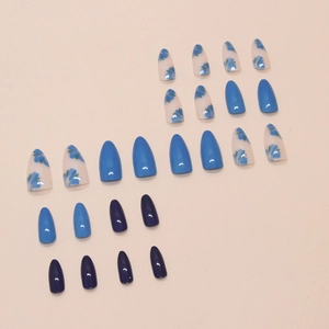 Blue almond press-on nails set with glossy finish and floral bellflower designs, 24 pieces
