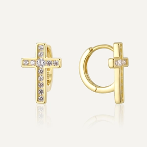 S925 Sterling Silver 14K Gold Plated Cross Zirconia Hoop Earrings For Women Inlaid Religious Fashion Commuter Jewelry
