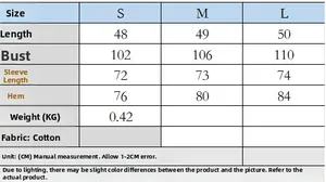 Size chart for knit cardigan with length, bust, and sleeve measurements in centimeters