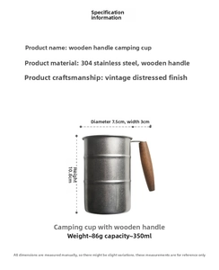 Detail view of 350ml retro stainless steel camping mug with dimensions and wood handle