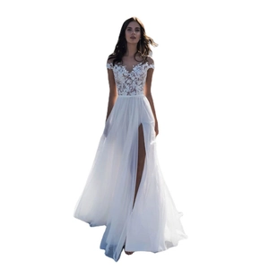 Elegant white off-shoulder lace wedding dress with high slit and long chiffon train